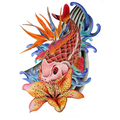 Koi fish flower Design Water Transfer Temporary Tattoo(fake Tattoo) Stickers NO.11327